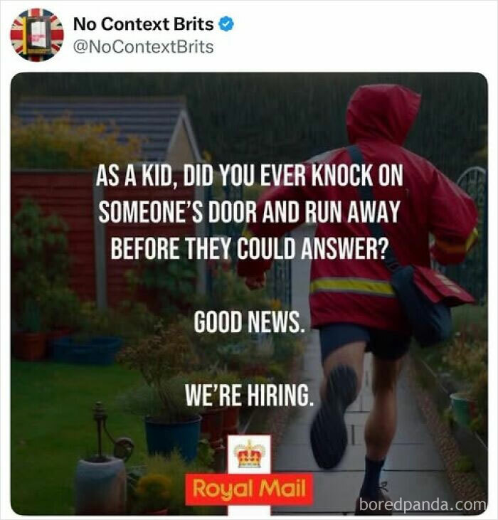 British comedy post showing a person running away from a door with a Royal Mail hiring joke in a humorous context.