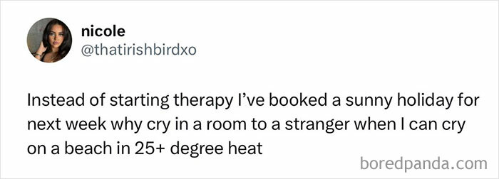 Screenshot of a humorous British Twitter post about choosing a sunny holiday over therapy, showcasing British comedy posts.
