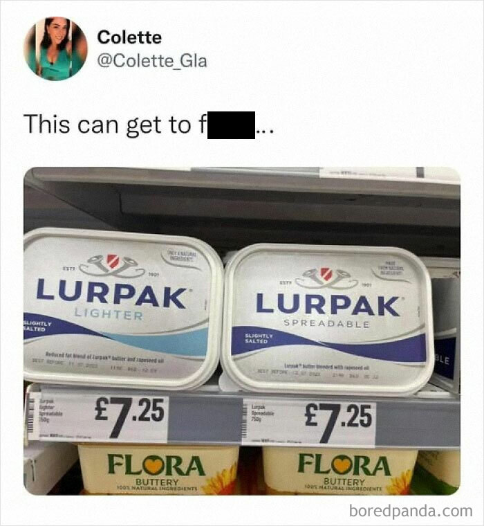 Social media post showing humorous British comedy with similar priced Lurpak butter products in a store aisle.