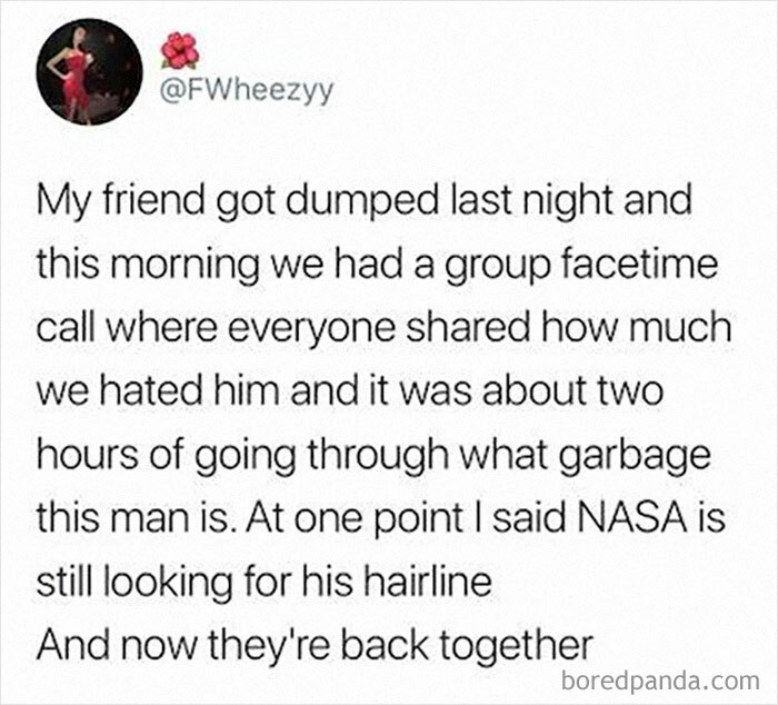 Funny British comedian tweet about a friend getting dumped and a humorous group FaceTime call discussing the ex.