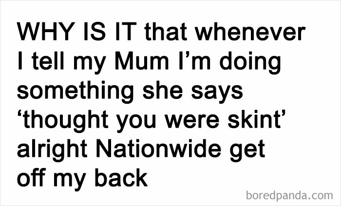 Text post showing British humor about a mum’s comment on being skint, highlighting British comedians' wit.