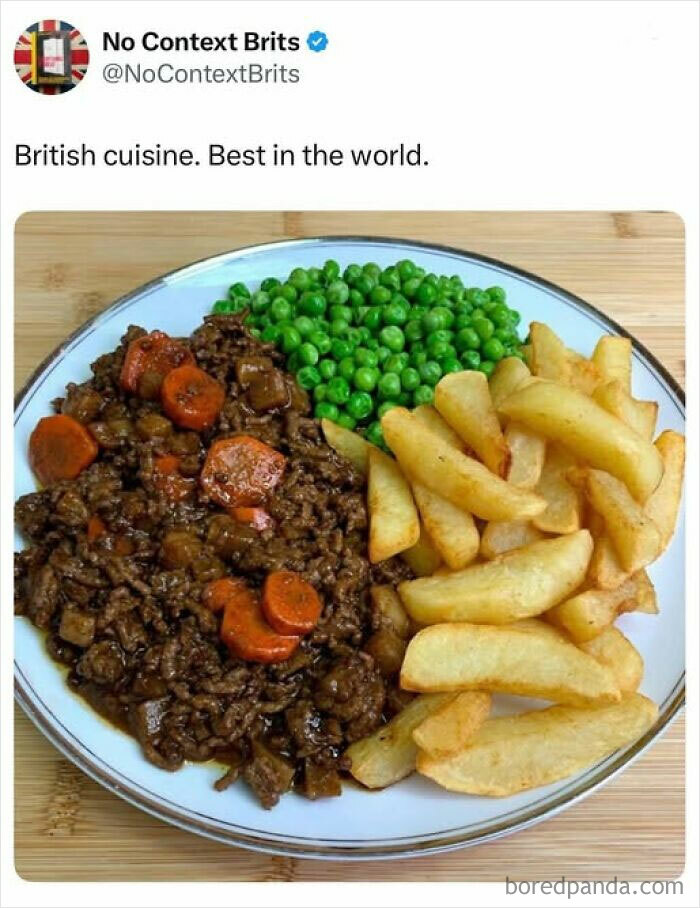 Plate of British cuisine with minced beef stew, carrots, green peas, and thick-cut fries representing British comedy culture.