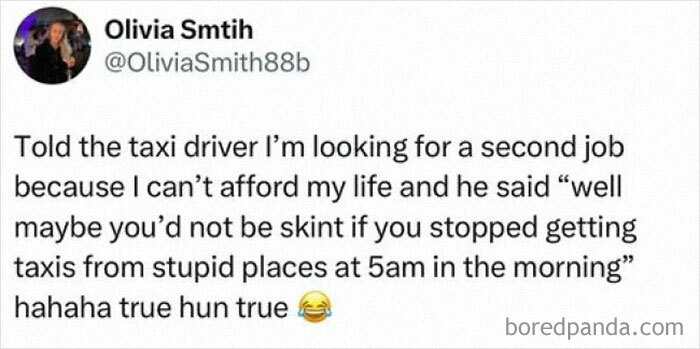Tweet from Olivia Smith sharing a hilarious British comedy post about struggling with money and taxi rides at 5am.