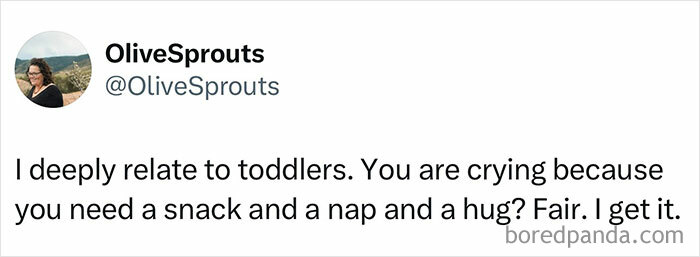 Tweet from OliveSprouts humorously relating to toddlers needing snacks, naps, and hugs, showcasing British comedic style.