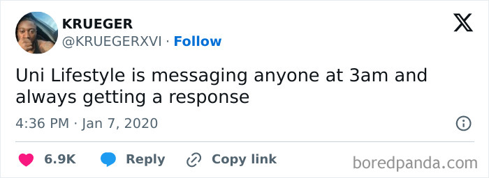 Student meme about uni lifestyle messaging anyone at 3am and always getting a response, illustrating relatable student humor.