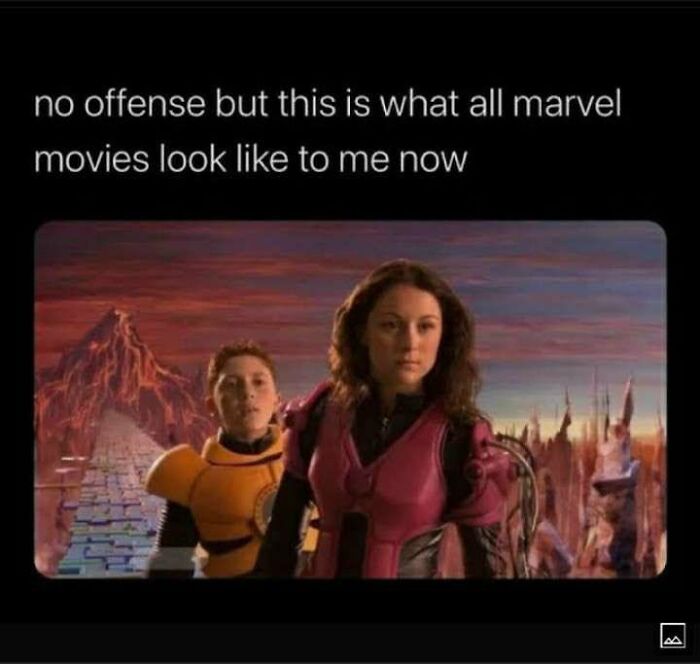 Meme showing two characters in colorful suits with text about Marvel movies, fitting chaotic memes for boring life moments.