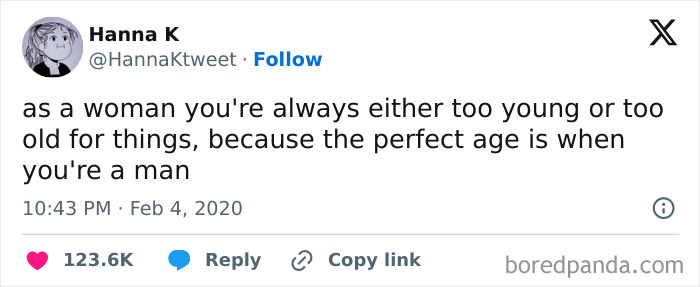 Tweet screenshot discussing sexist views on women's age compared to men, highlighting sexist men and gender bias online.