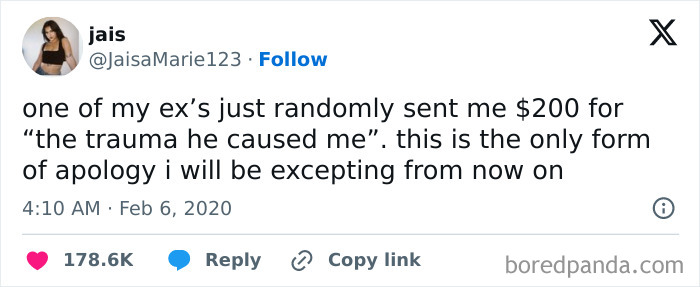 Tweet about receiving money from an ex as an apology, illustrating relatable shower feels humor and unexpected gestures.