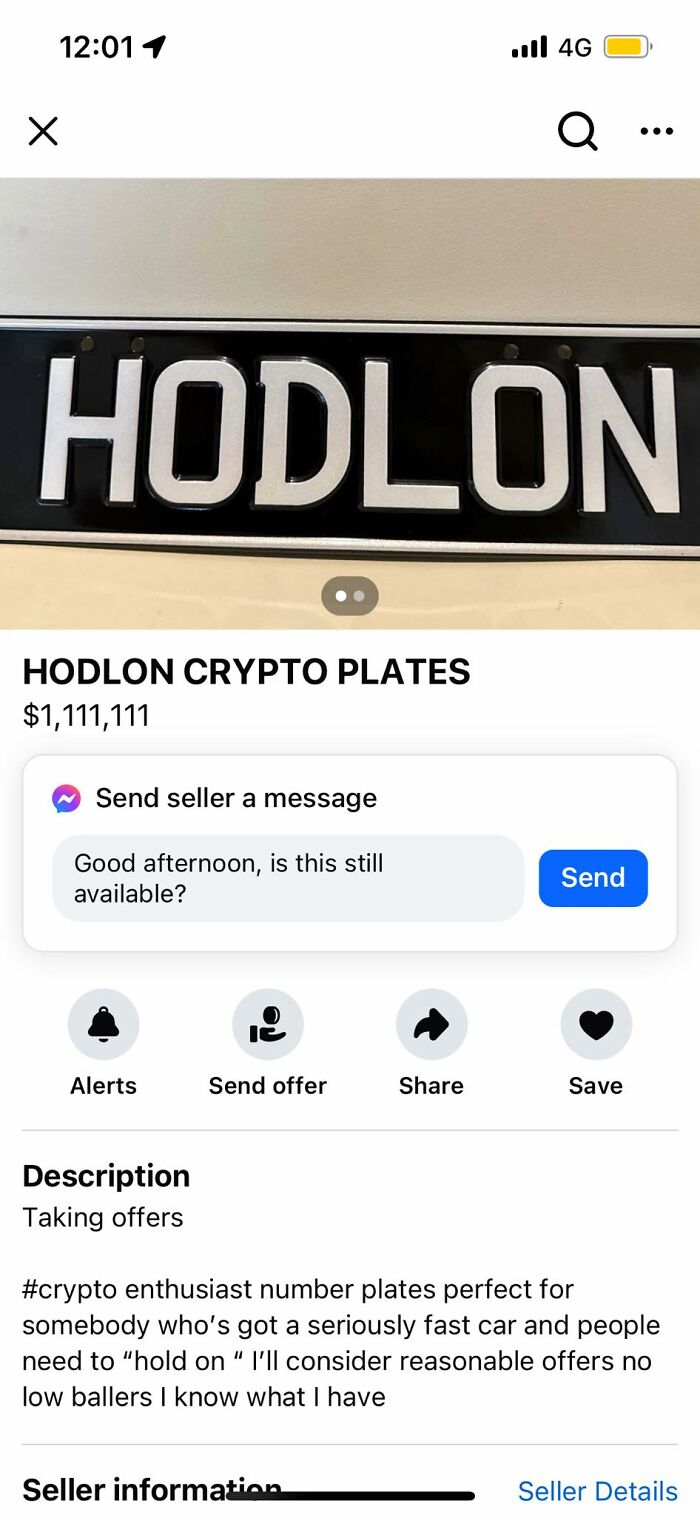HODLON crypto license plate listed for sale on Facebook Marketplace as a wild and unique collectible item.
