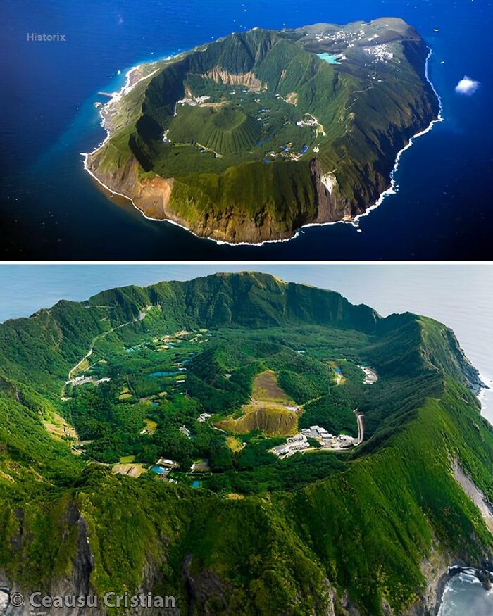 Aerial views of a volcanic island with lush green vegetation, highlighting intriguing ancient history landscapes.