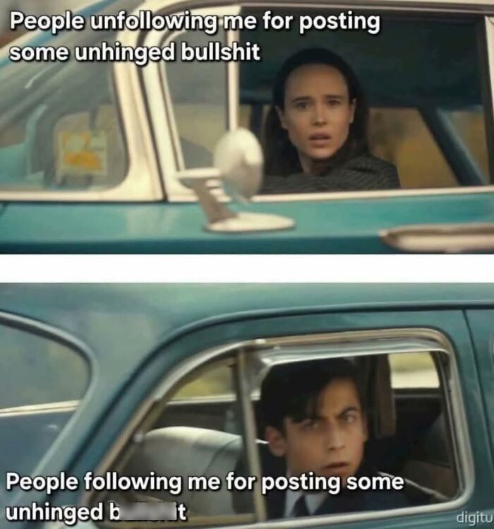 Two-panel meme showing confused people in a car, capturing funny pics to scroll through during mental breakdown moments.