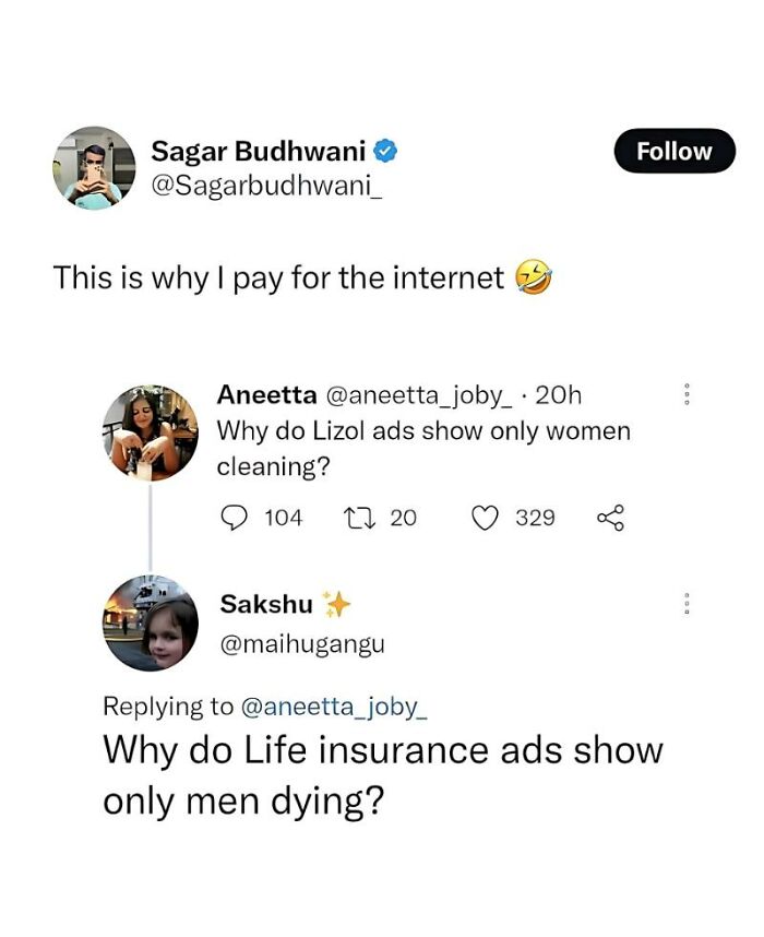 Funny random meme showing a Twitter conversation about gender stereotypes in ads with a humorous twist.