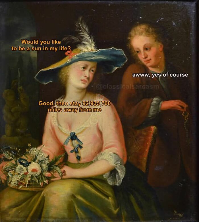 Classical art meme with two women, one asking to be a sun, the other replying humorously in a vintage painting.