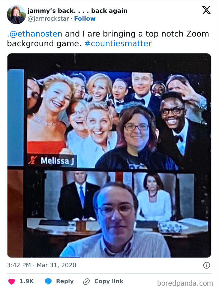 Person using a creative Zoom background in a video call, showcasing a funny work-from-home meme for remote meetings.