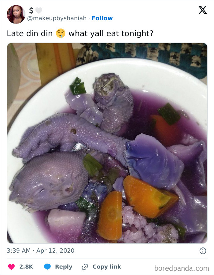 Bowl of purple soup containing unusual ingredients including a chicken foot and vegetables, illustrating cooking fails.