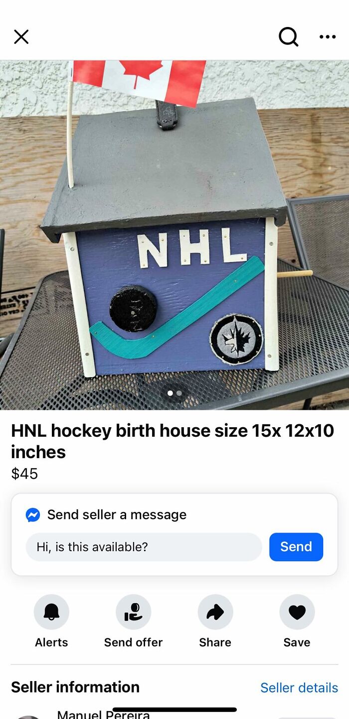 Wooden NHL themed hockey birdhouse with Canadian flag, puck, and stick for sale on Facebook Marketplace.