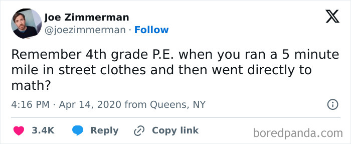 Tweet about struggling through 4th grade P.E. mile run in street clothes, a relatable Random-Gen-Z-Memes post.