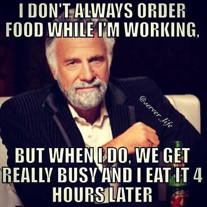 Man in suit with beard and text about ordering food late while working in hospitality, relatable hospitality meme humor.
