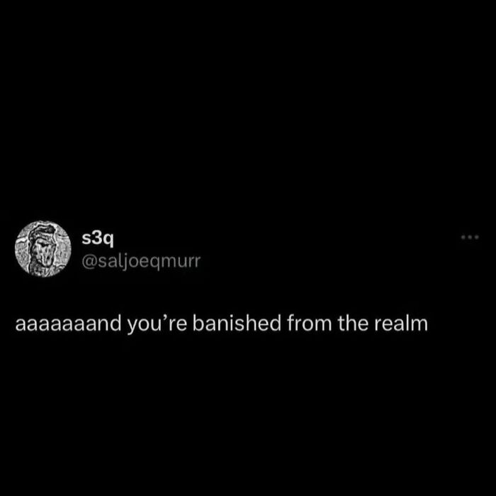 Screenshot of a humorous text post with the phrase aaaaaaand you’re banished from the realm, representing cute and wholesome posts.