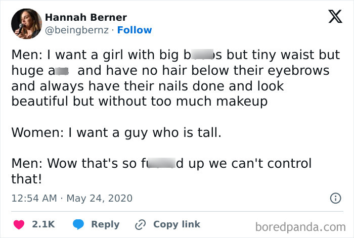 Tweet about unrealistic expectations highlighting relatable women struggles and double standards in dating preferences.