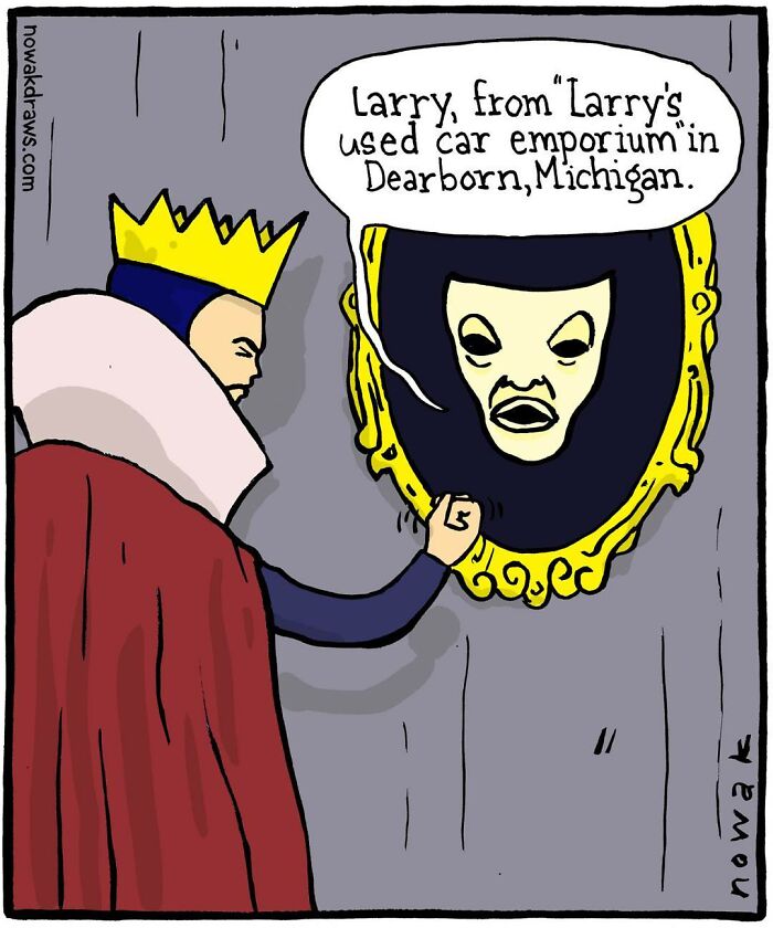Comic shows an artist with peculiar sense of humor featuring absurd dialogue between a king and a talking mirror.