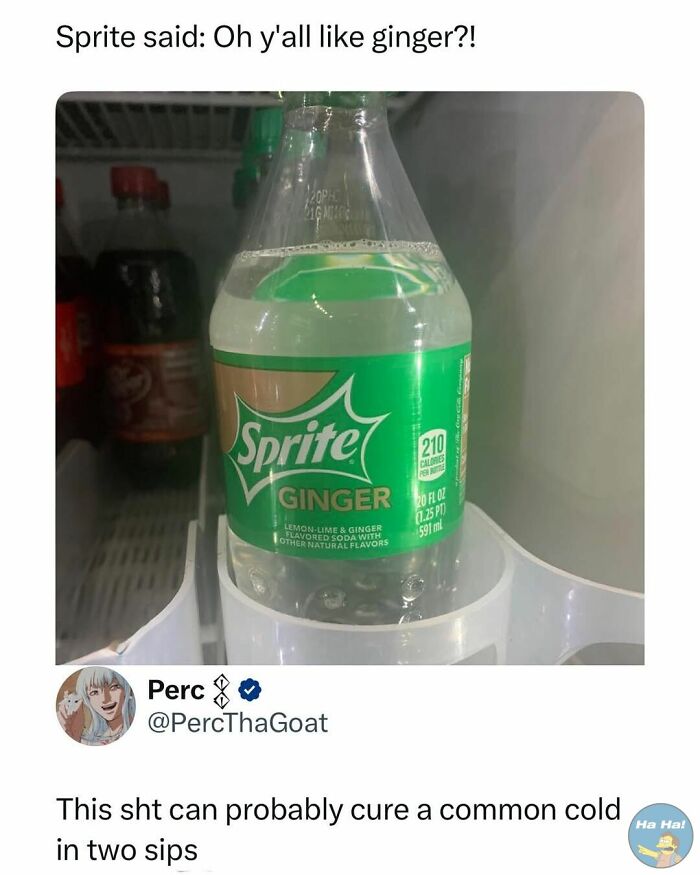 Sprite ginger soda bottle in a fridge with a funny caption mocking posts and jokes about the drink.