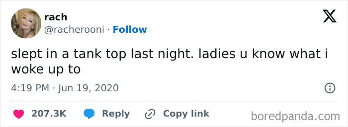 Tweet about sleeping in a tank top that relates to common women struggles shared in a funny meme format.
