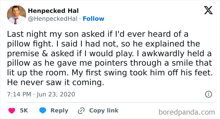 A humorous tweet about an obvious lie involving a pillow fight shared in the hilariously obvious lies collection.