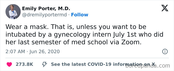 Tweet humor about medical school memes referencing intubation by a gynecology intern during COVID-19 pandemic safety advice.