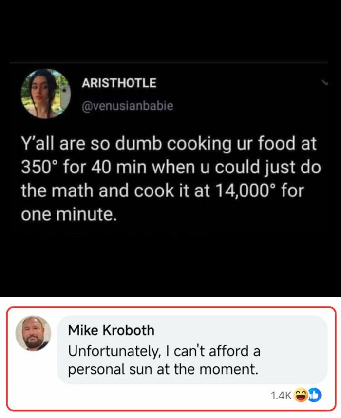Funny random meme showing a humorous cooking tip with a witty comment about not affording a personal sun.