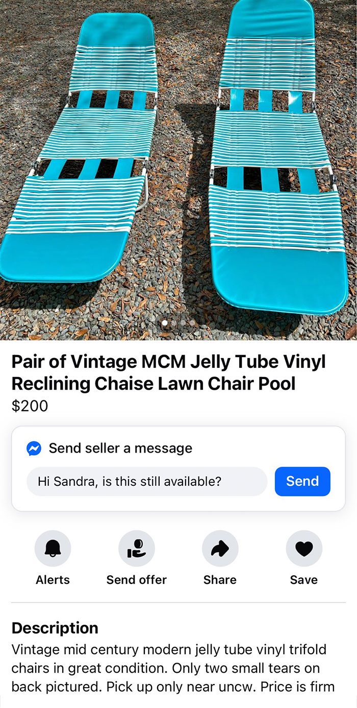 Pair of vintage MCM jelly tube vinyl reclining chaise lounge lawn chairs for sale on Facebook Marketplace.