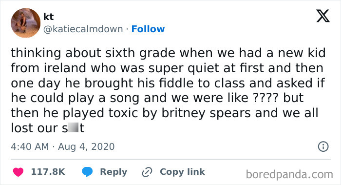 Screenshot of a random meme about a quiet kid from Ireland playing Toxic by Britney Spears on his fiddle in class.
