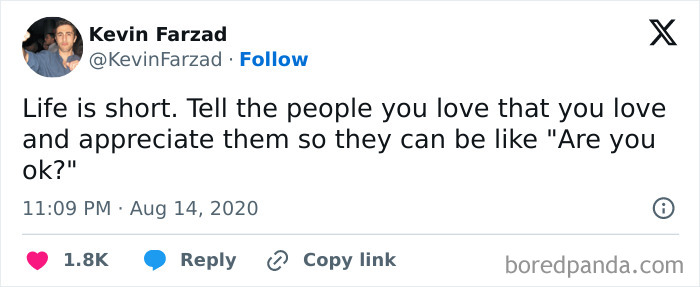 Tweet by Kevin Farzad sharing a heartfelt message to appreciate loved ones in random posts to brighten your day.