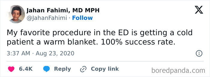 Tweet by a medical professional humorously describing a simple but effective procedure in the emergency department in a medical school meme.