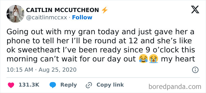 Tweet from British comedian sharing a funny moment with her gran, highlighting British humor and wit in everyday life.