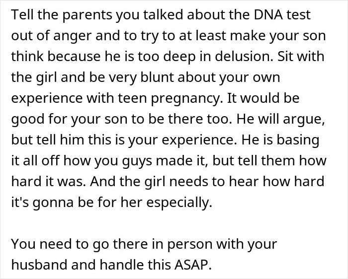 Text advice on handling teen son getting girlfriend pregnant on purpose, urging honest talks about teen pregnancy challenges.