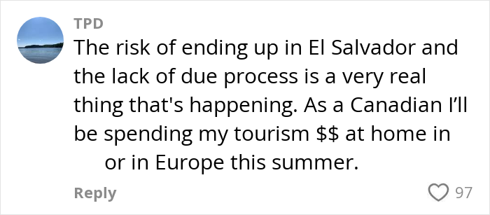 Comment discussing tourism spending shifting away from the US due to safety and due process concerns.