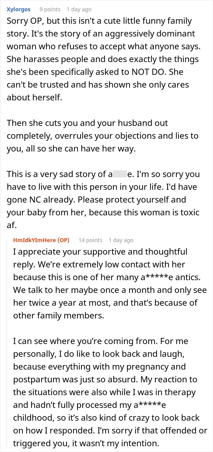 Text conversation about a toxic family member stealing pregnancy announcement to avoid a gender reveal party conflict.