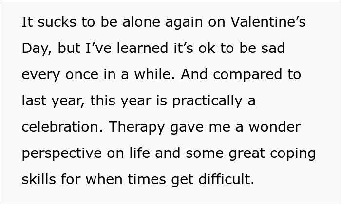 Text about coping and reflection on being alone on Valentine&rsquo;s Day in an ex fiance Valentine Day apartment setting.