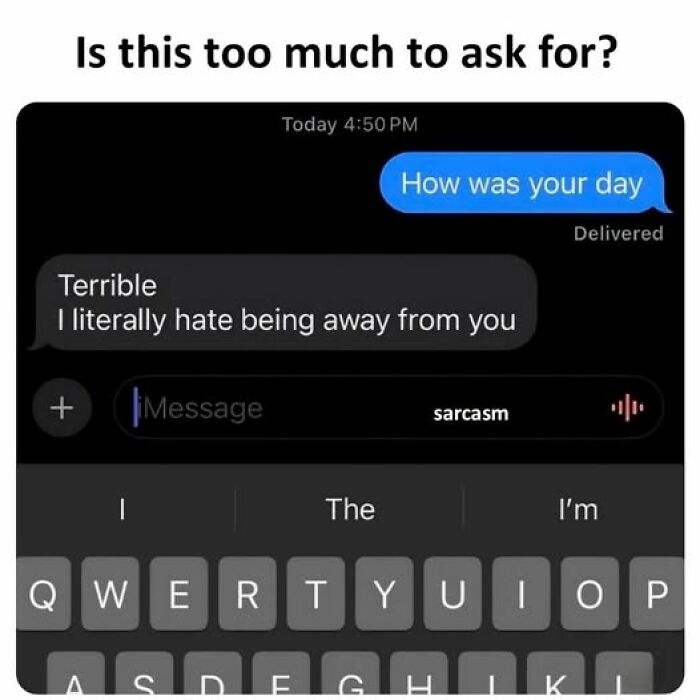 Text message exchange meme showing a sarcastic reply about hating being away, featured on hilarious meme Facebook page.