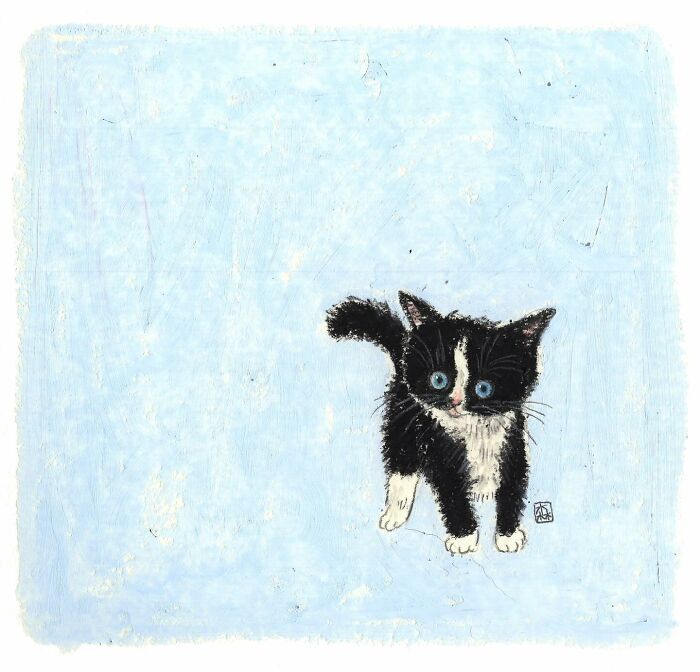 Black and white kitten with blue eyes in adorable artwork for cat lovers by a Korean artist on a light blue background.