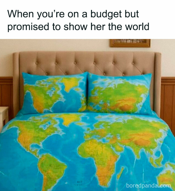 Bed with world map bedding and pillows, illustrating a budget travel meme from a hilarious memes Facebook page.