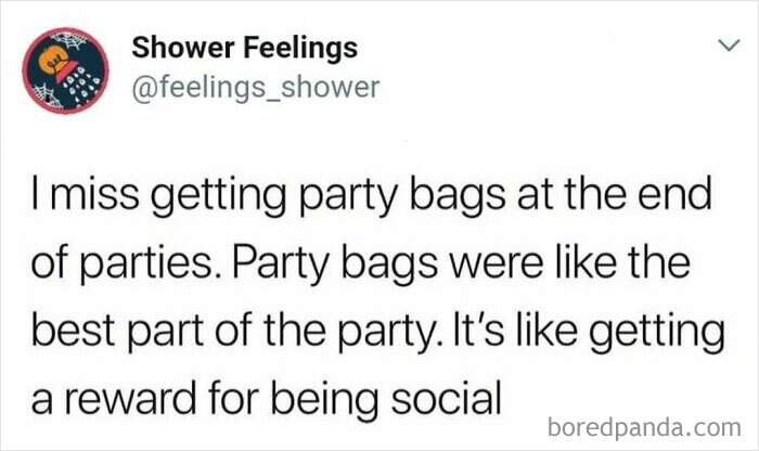 Screenshot of a social media post sharing thoughts to occupy your brain while showering about missing party bags as a social reward.