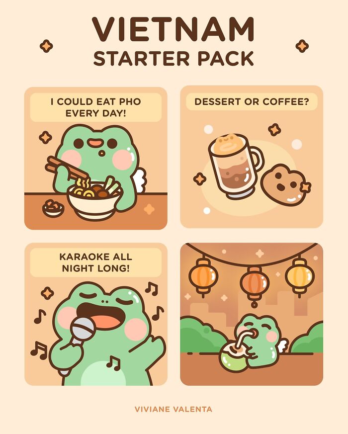 Cute frog illustrations featuring food puns with pho, dessert, coffee, and karaoke in a Vietnam starter pack style.