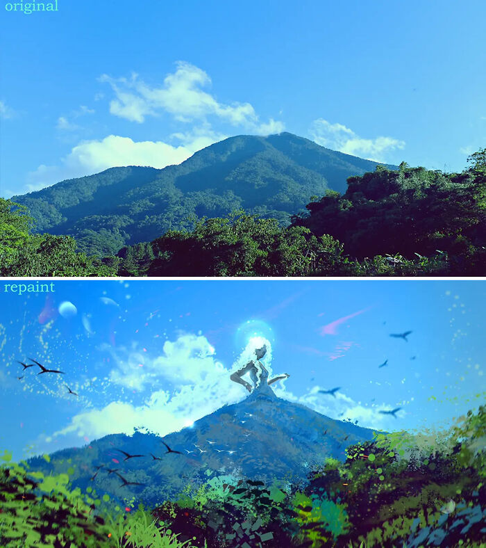 Comparison of original mountain photo and repainted fantastical world revealing another reality with a glowing figure and flying birds.