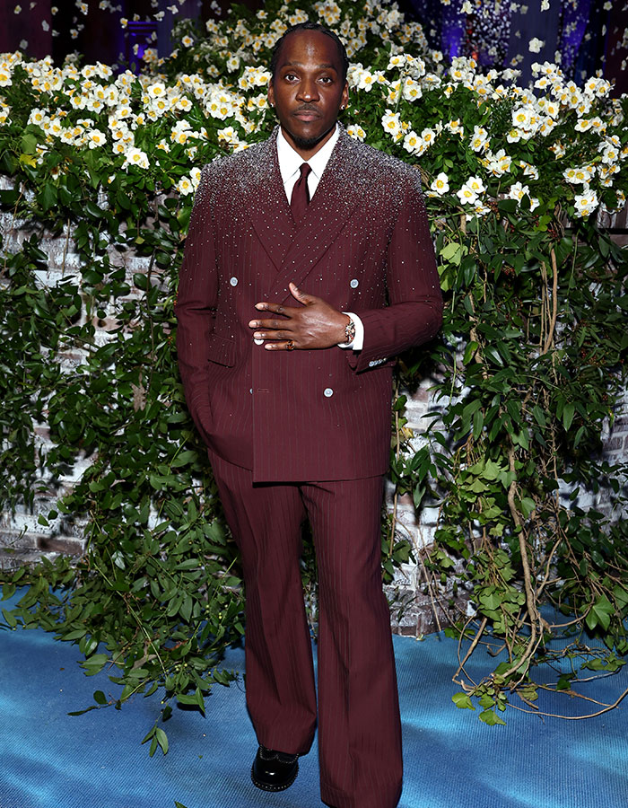 Man in maroon suit with glitter details posing in front of floral backdrop showcasing fashion fails from the Met Gala 2025.