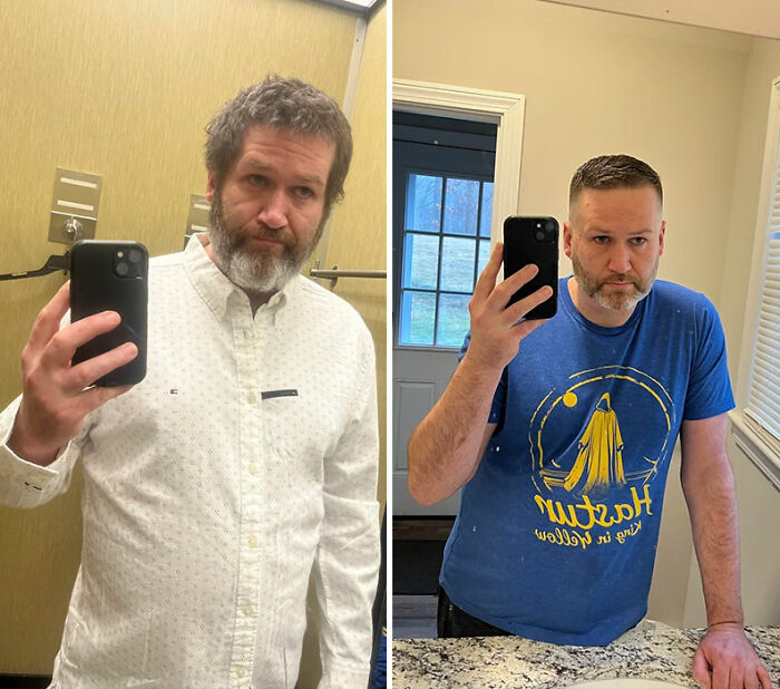 Man showing hair transformations before and after haircut and beard trim in two mirror selfies indoors.