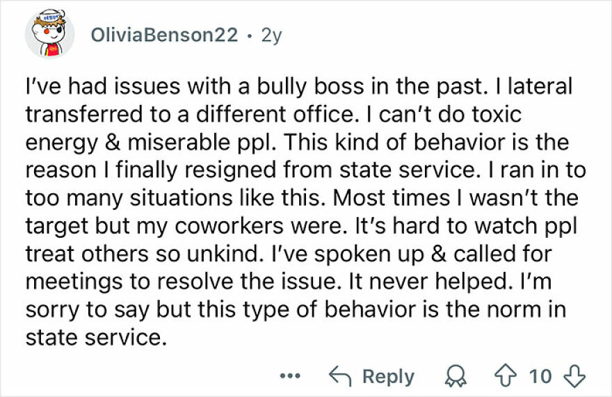 User comment describing personal experience dealing with toxic coworkers and a bully boss in the workplace.