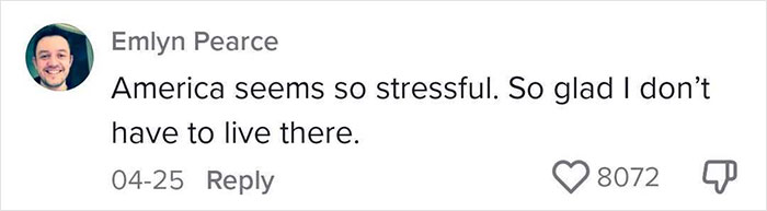 Comment expressing relief about not living in America, discussing stressful experiences related to woman with POTS harassment.
