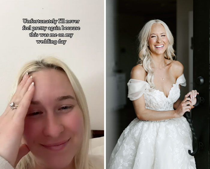 Side-by-side photos showing a woman sharing her glow down with a casual selfie and a glowing wedding day portrait.